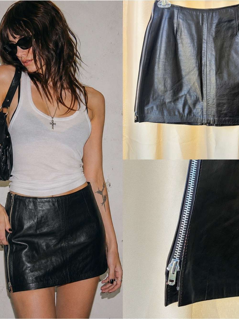 Vintage 90s/Y2K Double Visible Side Zip Black Leather Mini Skirt